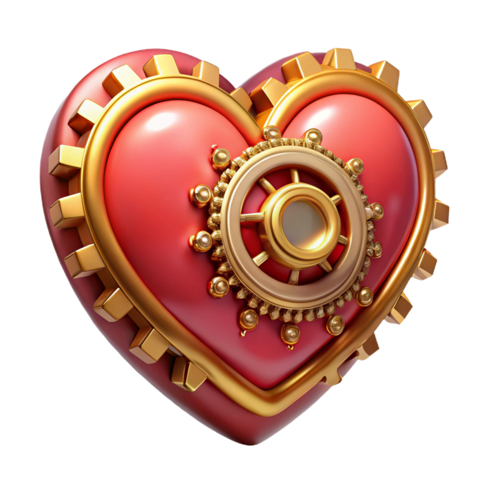 majestic tranquil coastal Steampunk heart icon with intricate gears and ruby accents. NO BACKGROUND with Transparent Background. gallery standard png
