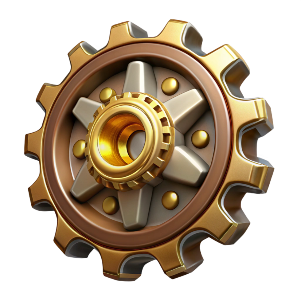 tranquil striking Steampunk cogwheel with intricate tooth patterns and a brass finish. NO BACKGROUND with Transparent Background. masterfully captured png
