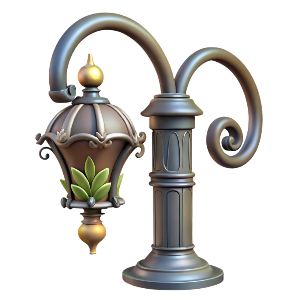 peaceful fascinating Art Nouveau lamppost, floral and curved metalwork NO BACKGROUND with Transparent Background. perfect clarity png