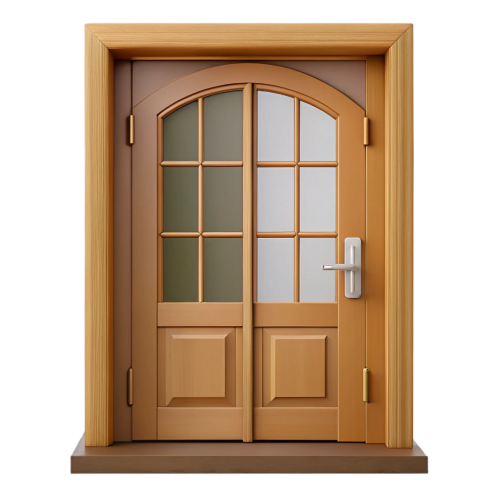 rare industrial Front door, wooden panel with glass inserts NO BACKGROUND with Transparent Background. premium png