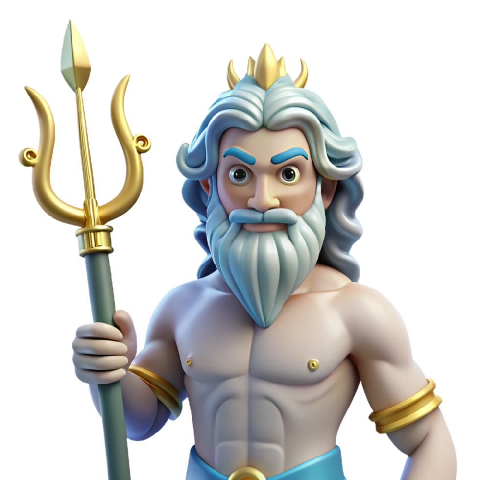 pristine nostalgic organic Poseidon, God of the Sea, holding trident, NO BACKGROUND with Transparent Background. top-tier png