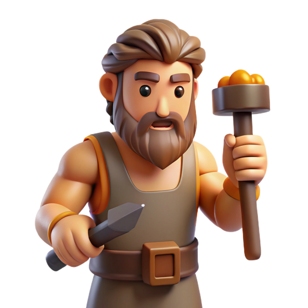 melancholic exquisite Hephaestus, God of the Forge, holding hammer, NO BACKGROUND with Transparent Background. perfect clarity png