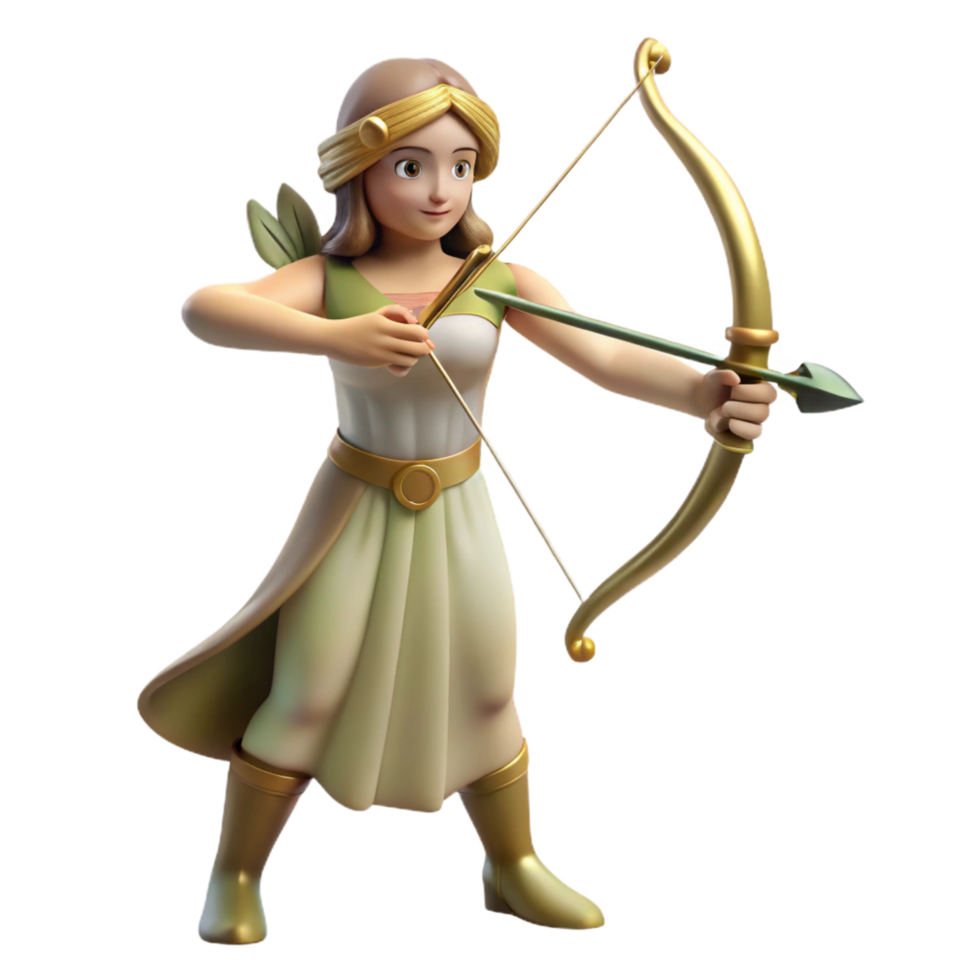 timeless victorian Artemis, Goddess of the Hunt, with bow and arrow, NO BACKGROUND with Transparent Background. expertly shot png
