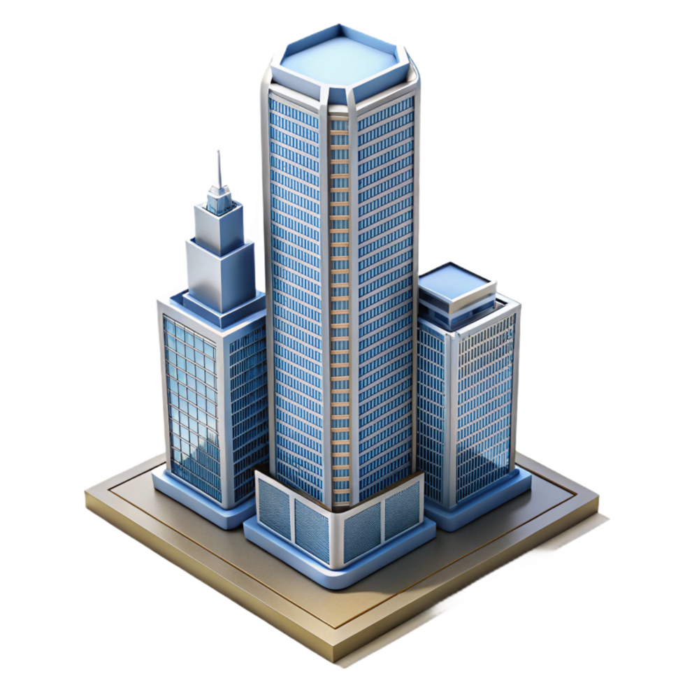 reflective serene Modern skyscraper architectural model, NO BACKGROUND with Transparent Background. original png