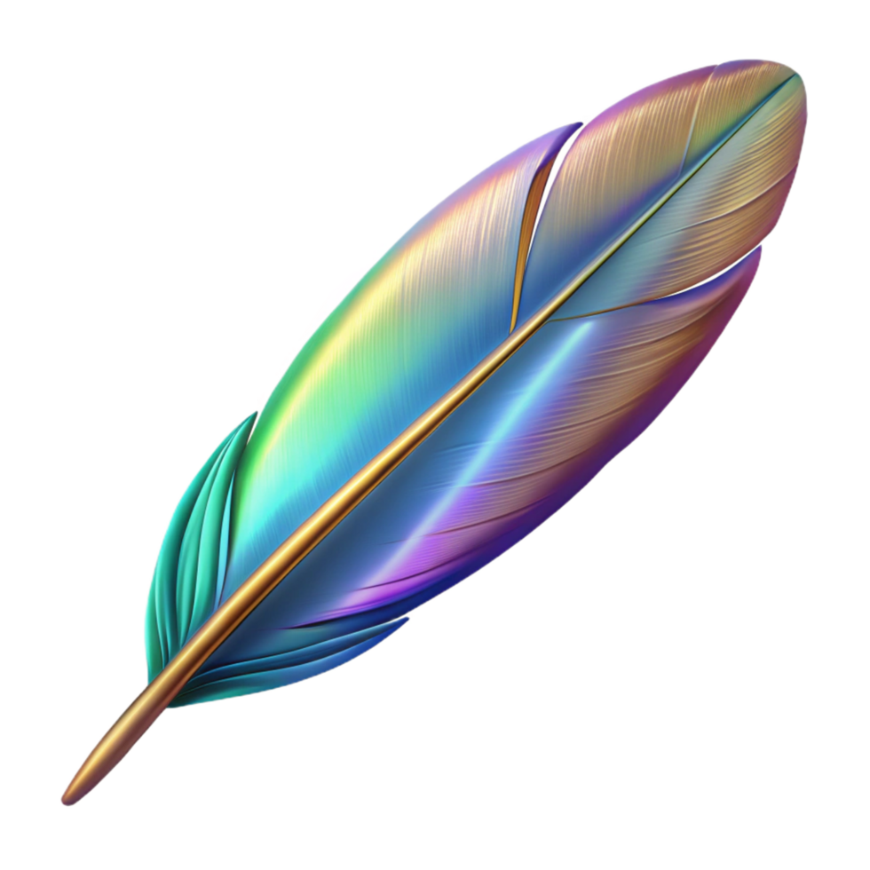 playful majestic A single, stylized feather with iridescent colors. NO BACKGROUND with Transparent Background. high quality png
