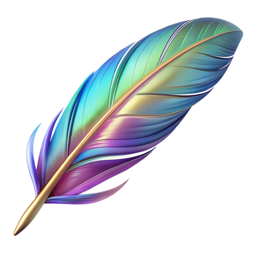 tranquil glorious A single, stylized feather with iridescent colors. NO BACKGROUND with Transparent Background. flawless png
