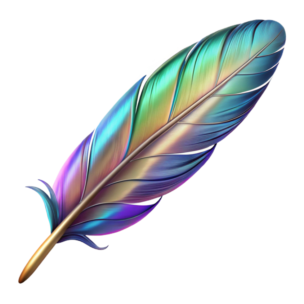 immaculate whimsical organic A single, stylized feather with iridescent colors. NO BACKGROUND with Transparent Background. 8K png