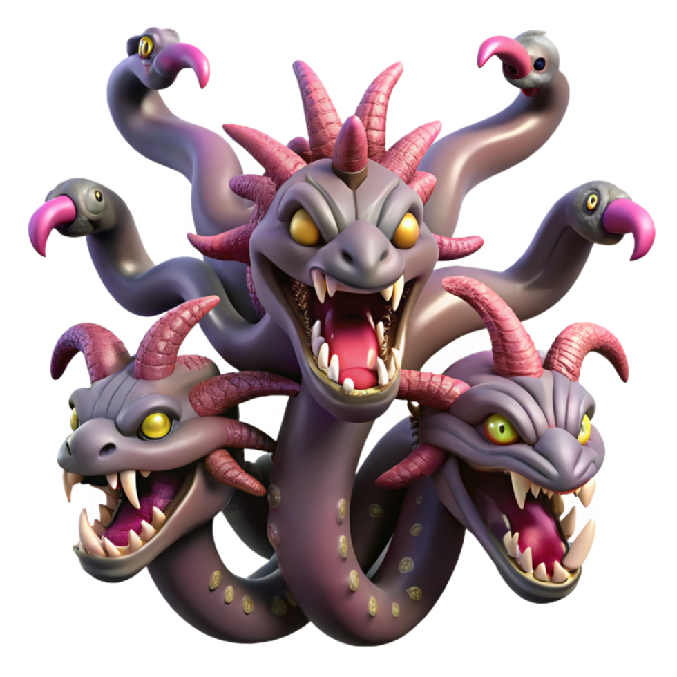 wonderful rustic A fearsome hydra with multiple heads, NO BACKGROUND with Transparent Background. museum quality png