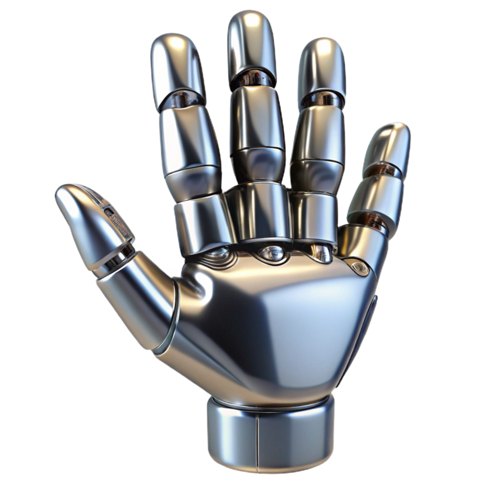 nostalgic spectacular A single, shiny, metallic robot hand, NO BACKGROUND with Transparent Background. flawless png
