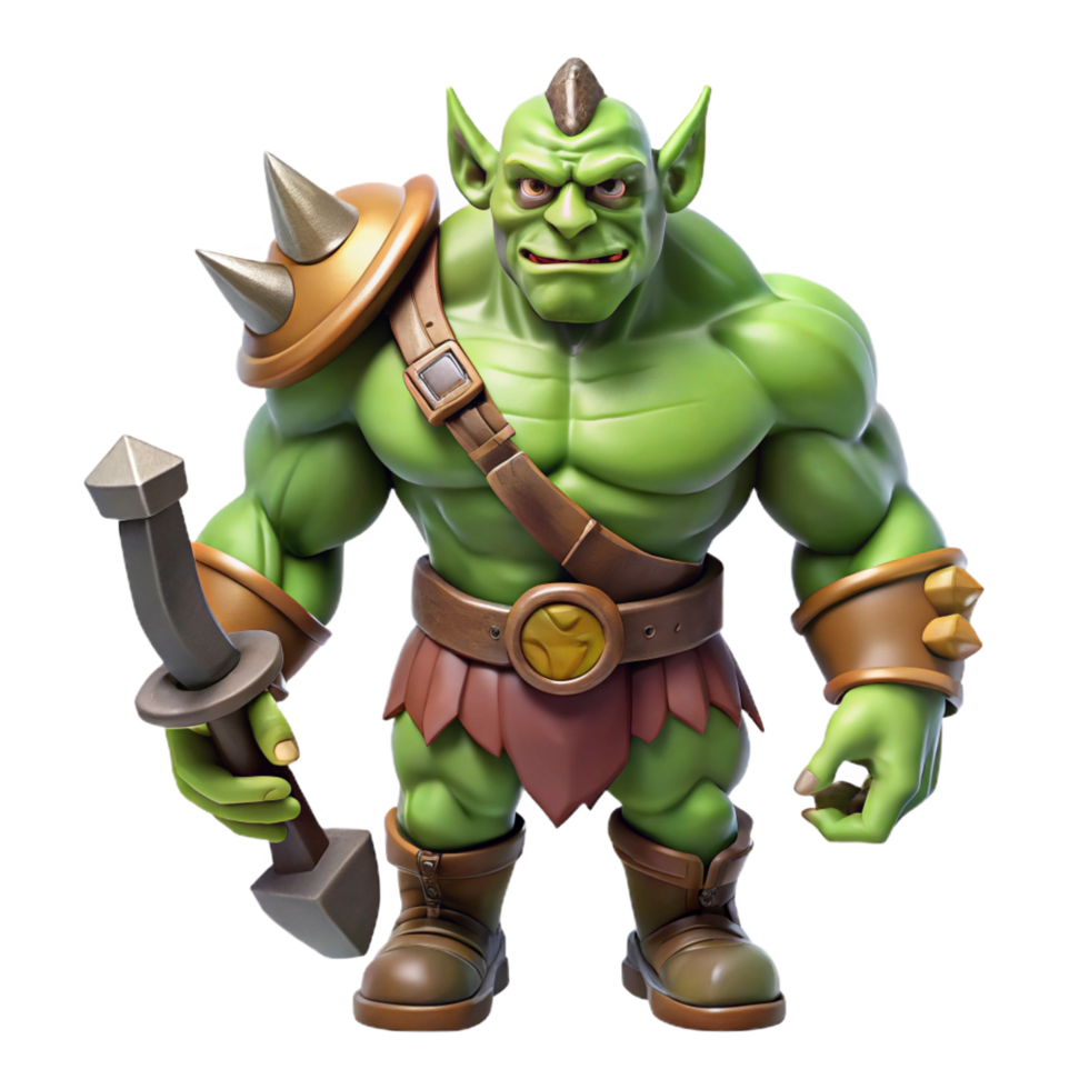 magnificent romantic industrial A powerful, muscular orc chieftain with warhammer, NO BACKGROUND with Transparent Background. 4K png