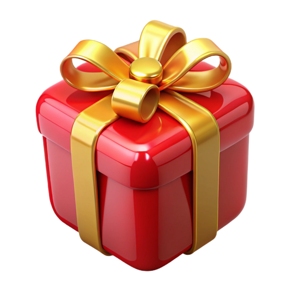 quintessential modern A shiny, red gift-wrapped present with a gold ribbon. NO BACKGROUND with Transparent Background. professional png