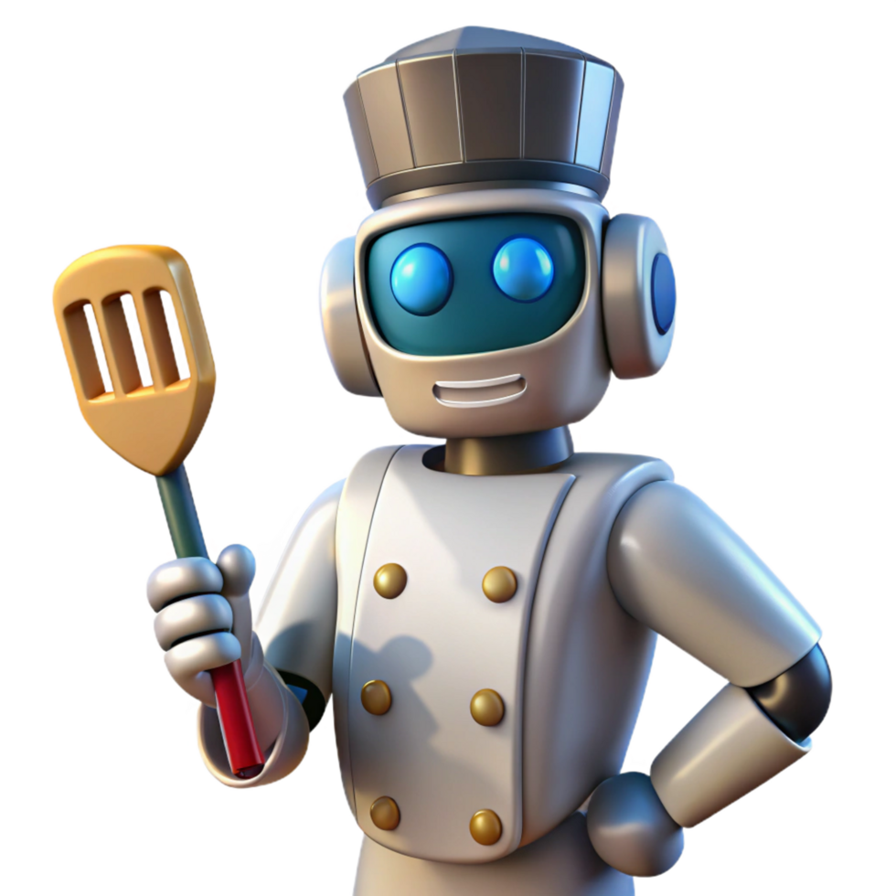 spectacular remarkable Futuristic robot chef holding a spatula. NO BACKGROUND with Transparent Background. png