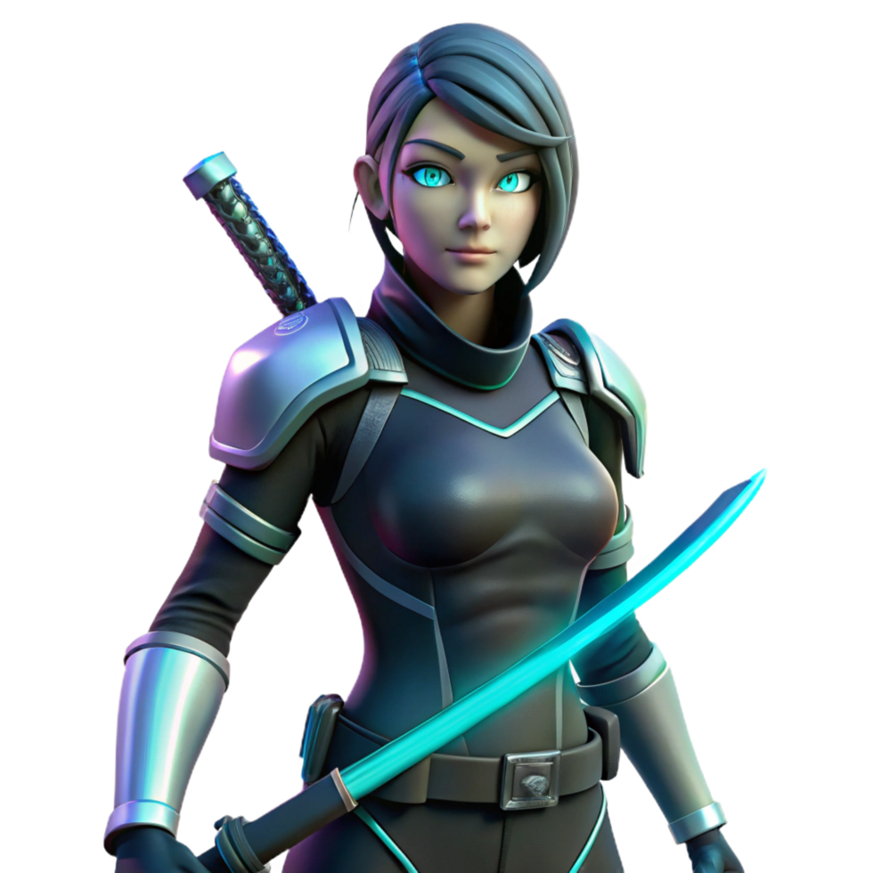 signature elegant Cyberpunk style female assassin with glowing katana. NO BACKGROUND with Transparent Background. ultra HD png