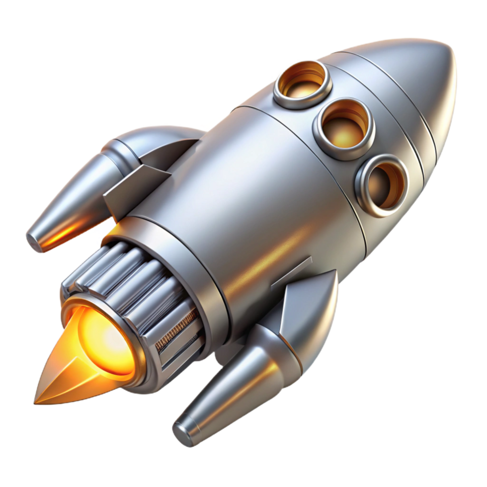 spectacular distinctive Sleek, silver spaceship engine with glowing thrusters. NO BACKGROUND with Transparent Background. png