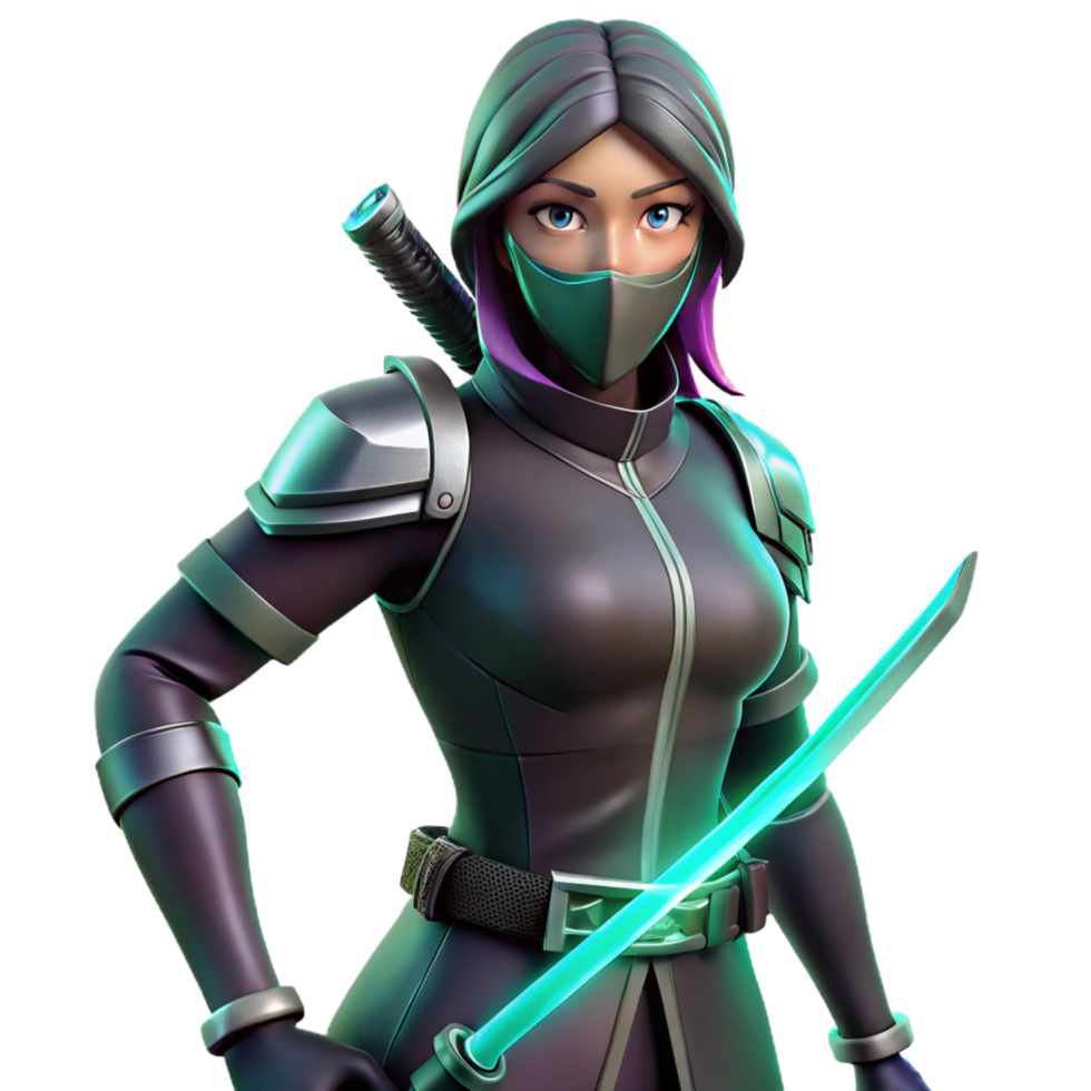 nostalgic beautiful Cyberpunk style female assassin with glowing katana. NO BACKGROUND with Transparent Background. ultra HD png