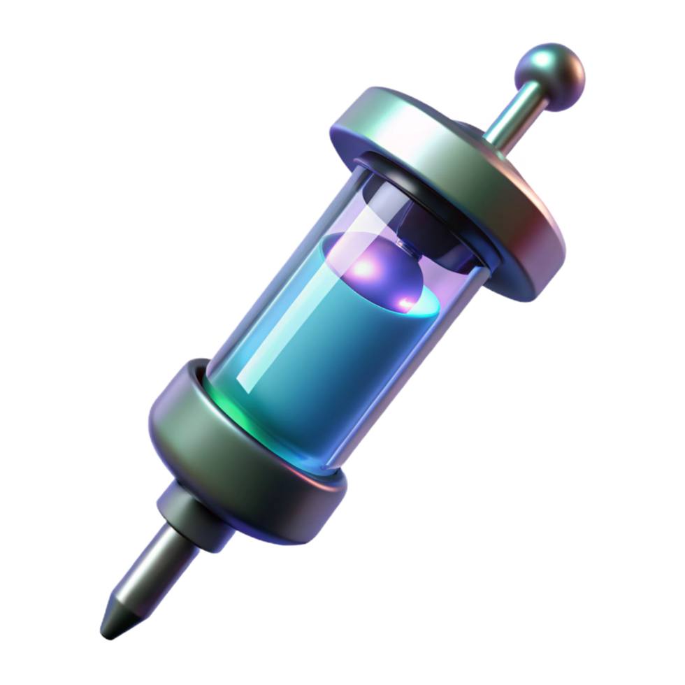 reflective elegant A futuristic syringe filled with glowing liquid. NO BACKGROUND with Transparent Background. masterfully captured png