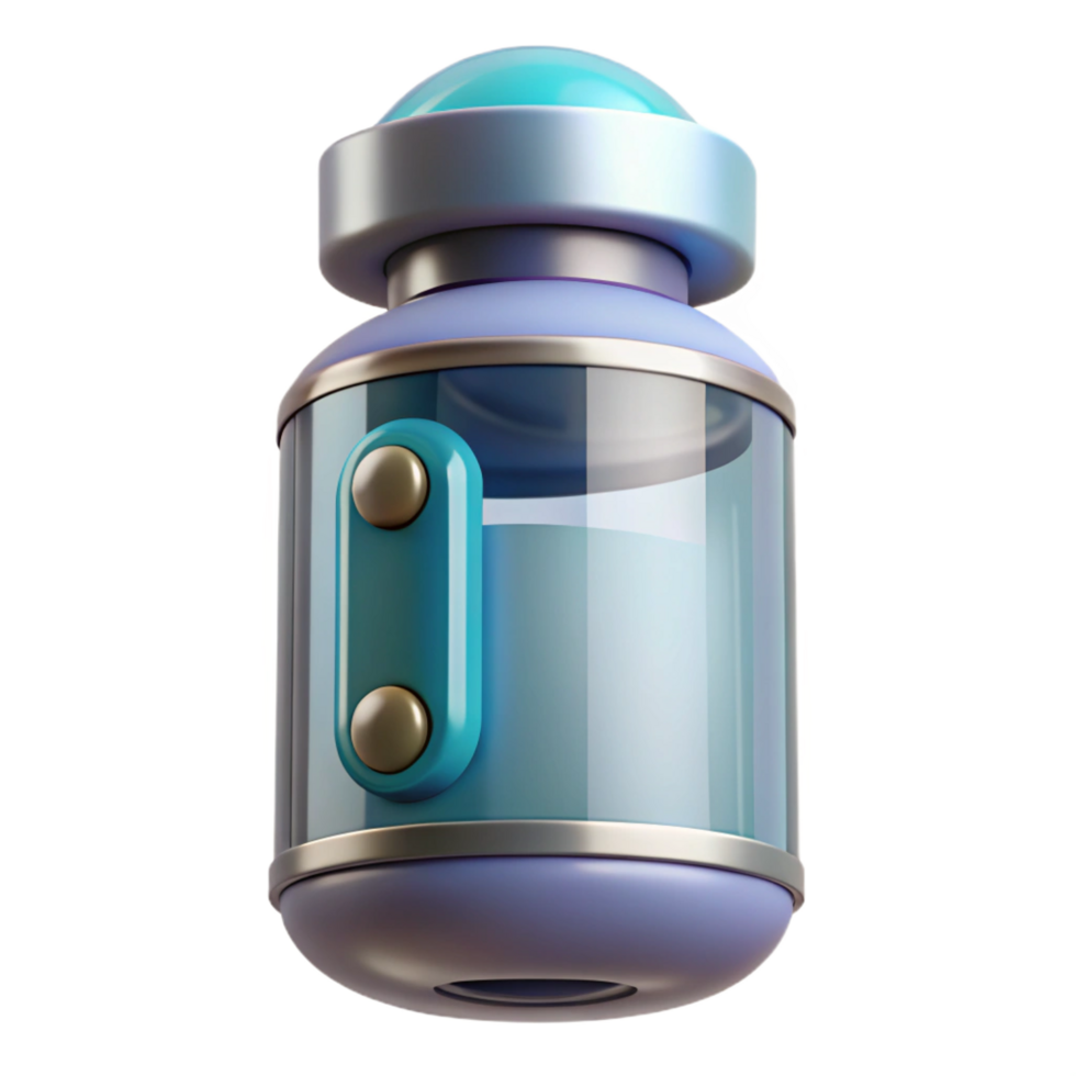 quintessential tropical A futuristic pill bottle with smart dispensing system. NO BACKGROUND with Transparent Background. expertly shot png