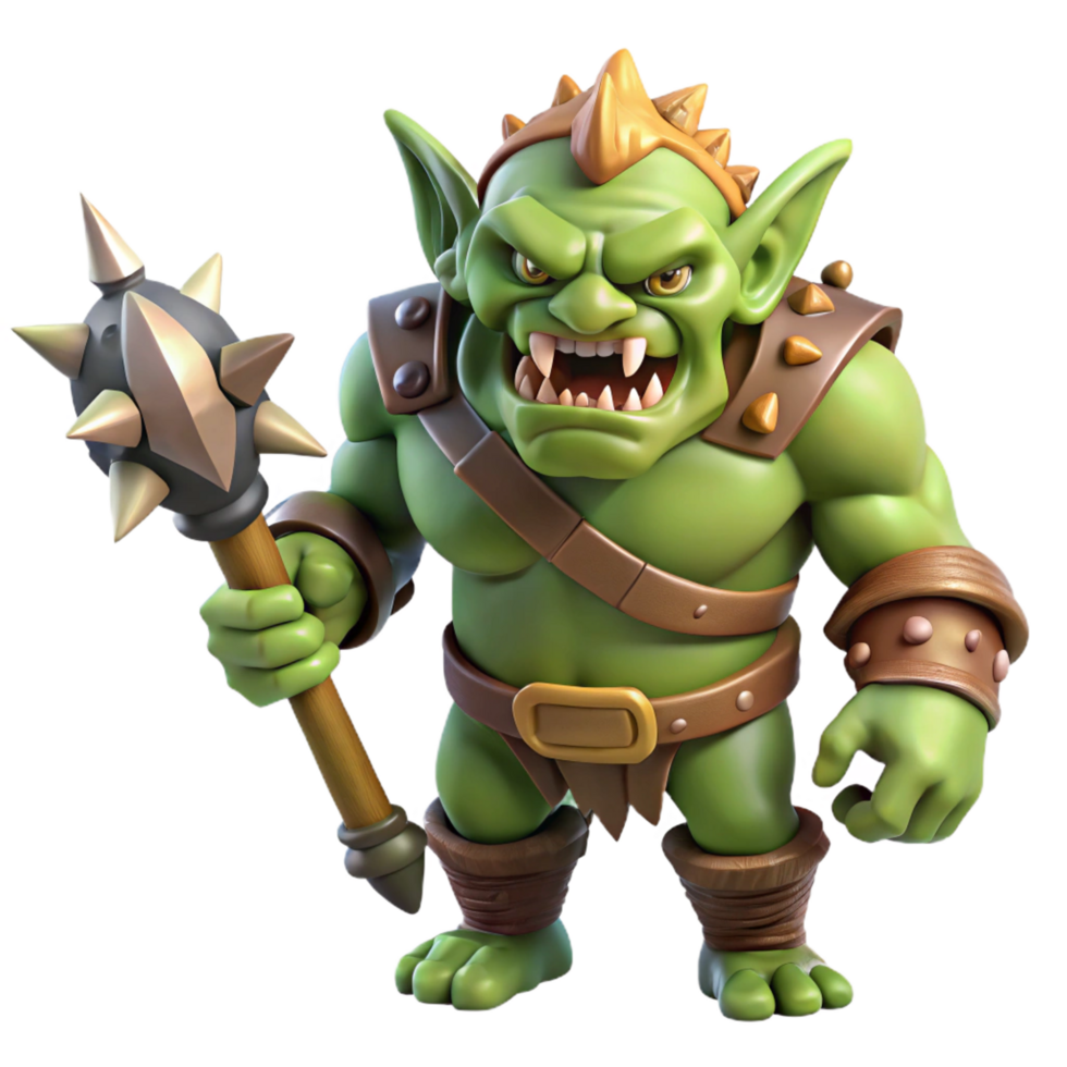 romantic majestic A snarling orc warrior wielding a rusty, spiked club. NO BACKGROUND with Transparent Background. sharp png