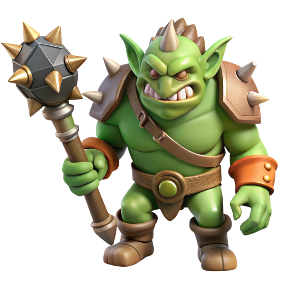 pristine mysterious contemporary A snarling orc warrior wielding a rusty, spiked club. NO BACKGROUND with Transparent Background. detailed png