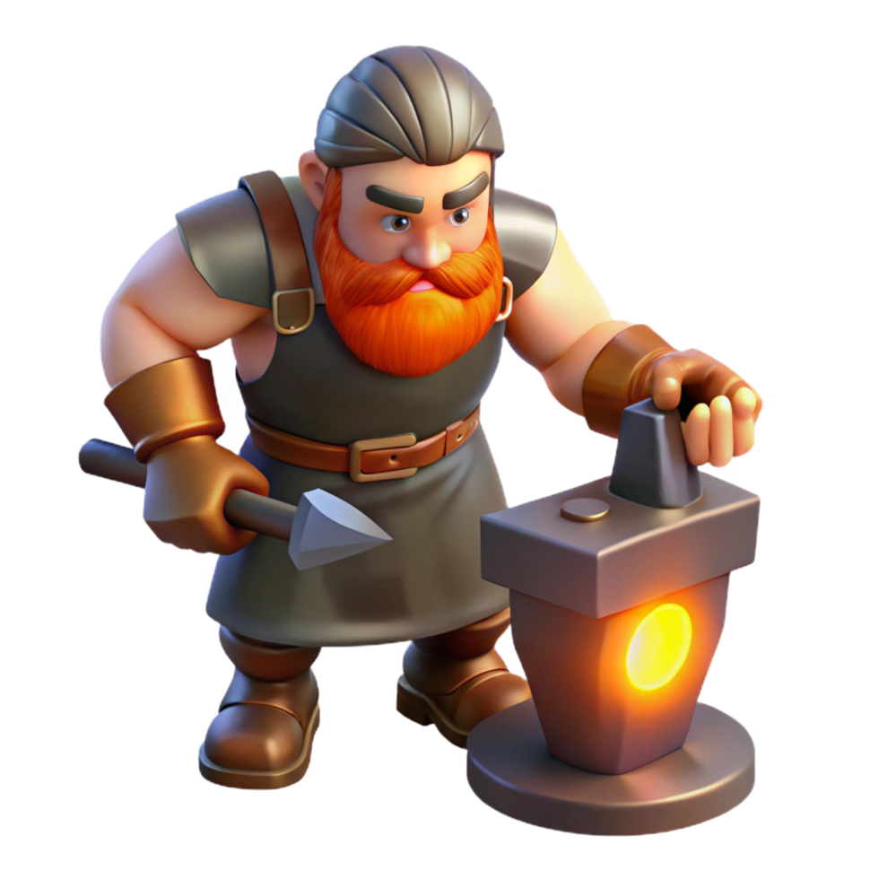 passionate splendid A muscular dwarf blacksmith hammering on a piece of glowing metal. NO BACKGROUND with Transparent Background. crisp png