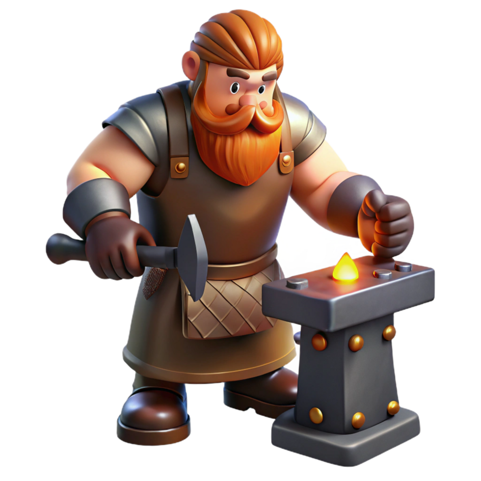 rare modern A muscular dwarf blacksmith hammering on a piece of glowing metal. NO BACKGROUND with Transparent Background. original png