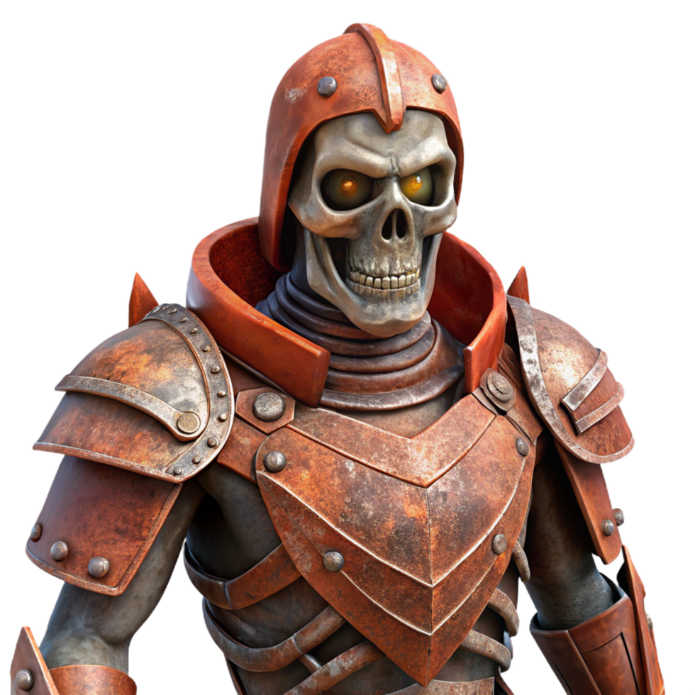 fascinating acclaimed A menacing skeleton warrior clad in rusty armor. NO BACKGROUND with Transparent Background. png