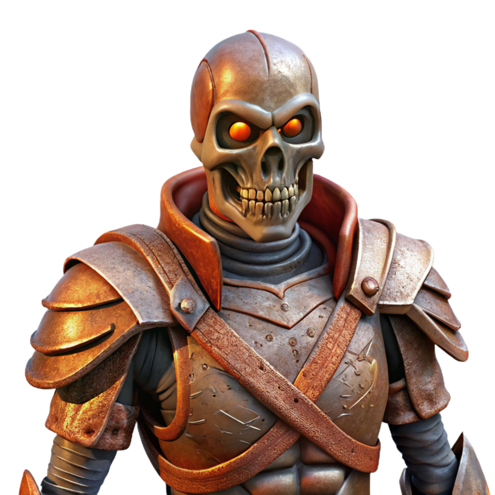 inspired gothic A menacing skeleton warrior clad in rusty armor. NO BACKGROUND with Transparent Background. genuine png