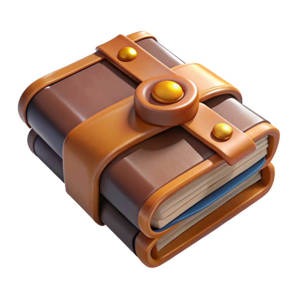 majestic reflective rustic A single, ancient spellbook bound in leather with metal clasps. NO BACKGROUND with Transparent Background. fine detail png
