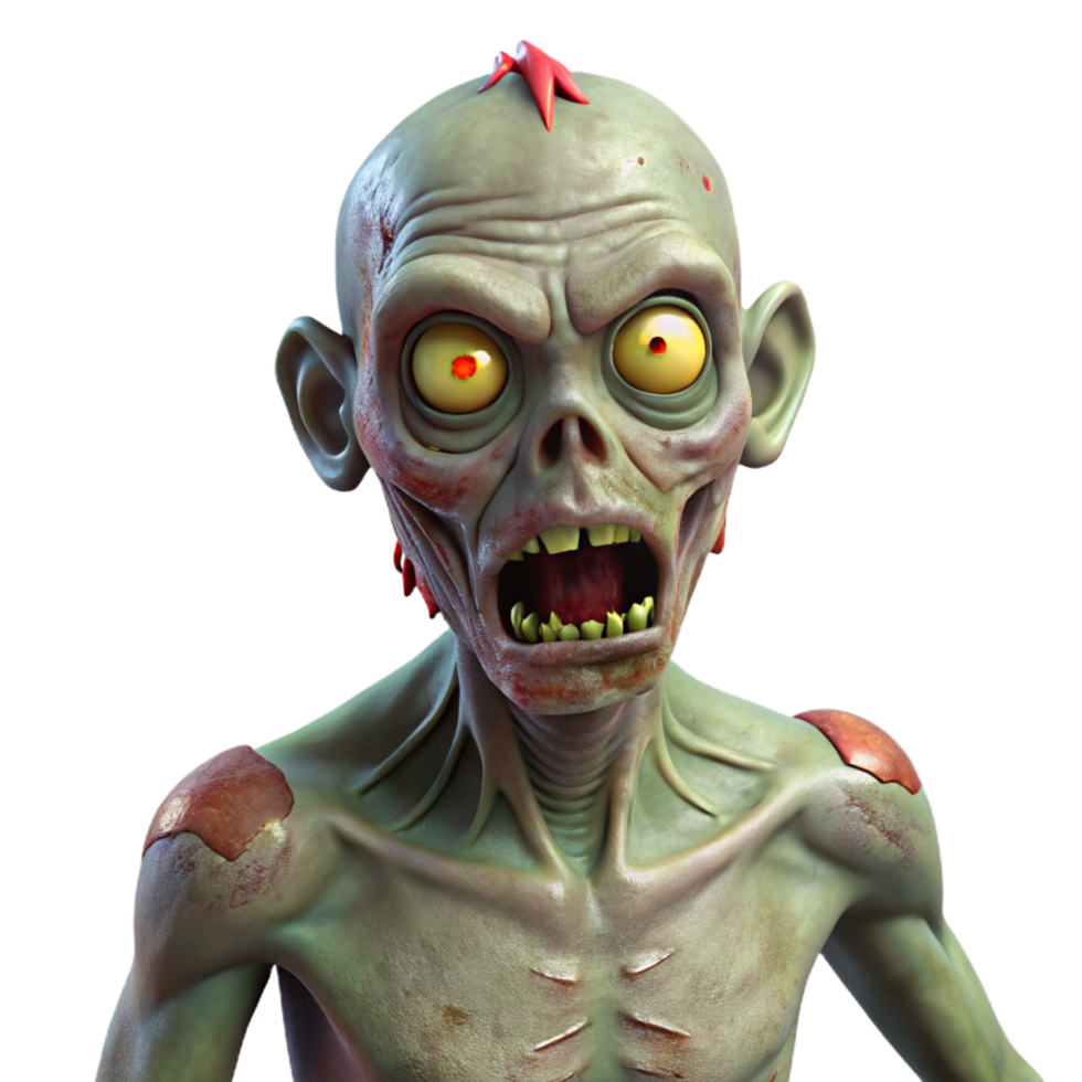 stunning whimsical minimalist A creepy zombie with rotting flesh and glowing eyes. NO BACKGROUND with Transparent Background. 8K png