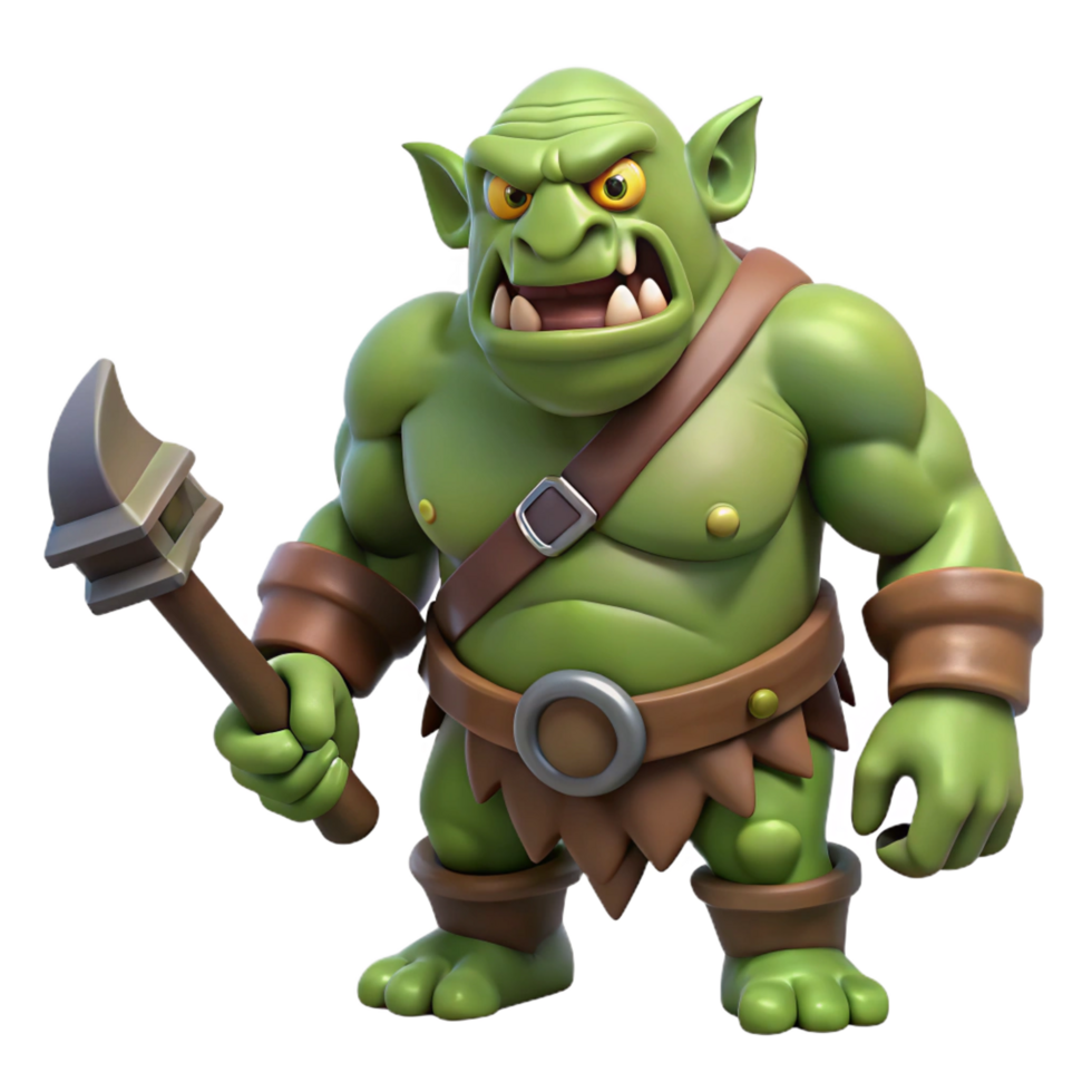 pristine tranquil modern A fierce ogre with a massive club and a snarling face. NO BACKGROUND with Transparent Background. expertly shot png