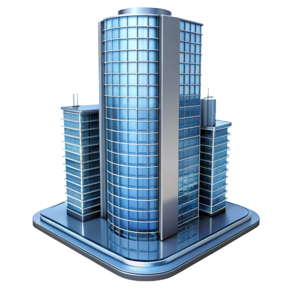 mesmerizing whimsical mid-century Modern skyscraper, glass and steel, detailed architectural rendering. NO BACKGROUND with Transparent Background. original png