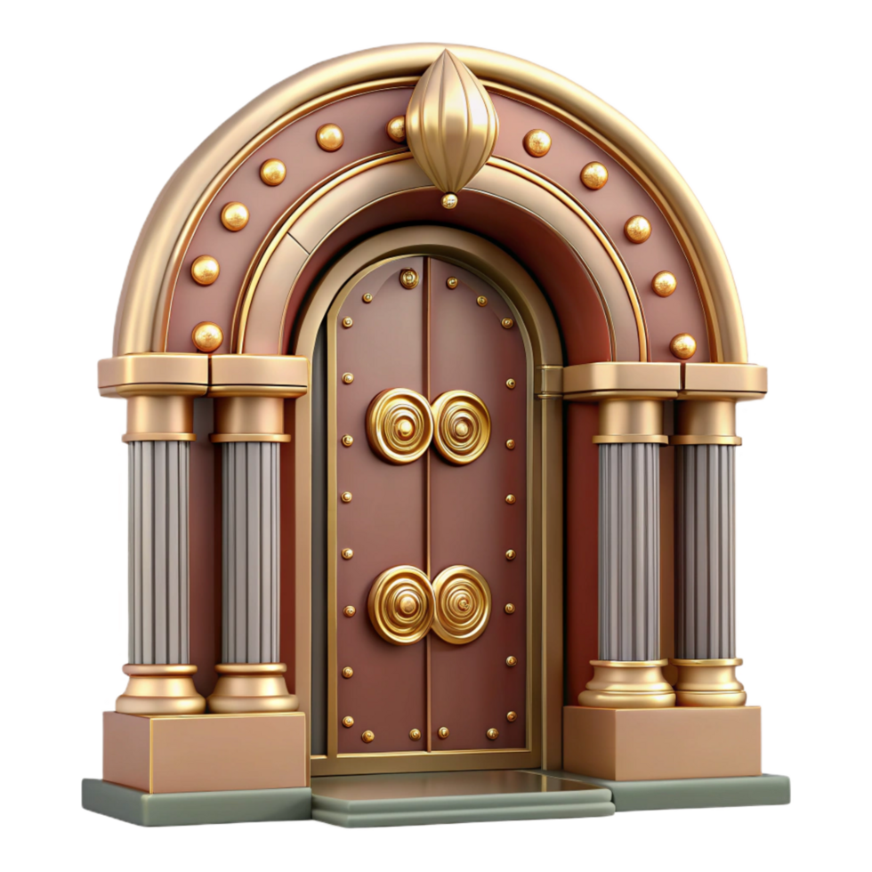 whimsical radiant Art Deco doorway, intricate carvings, polished brass hardware. NO BACKGROUND with Transparent Background. expertly shot png