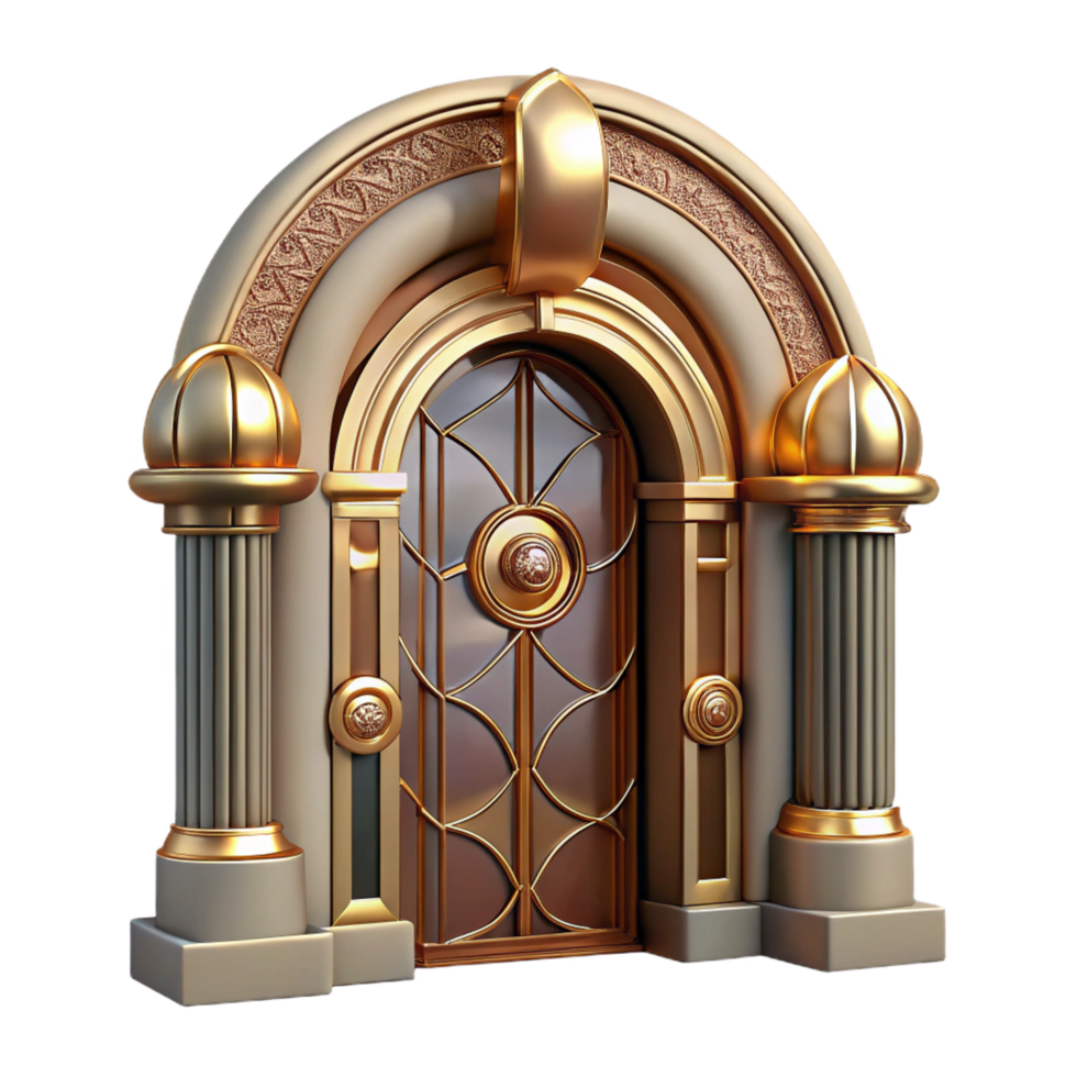 vibrant passionate futuristic Art Deco doorway, intricate carvings, polished brass hardware. NO BACKGROUND with Transparent Background. 4K png