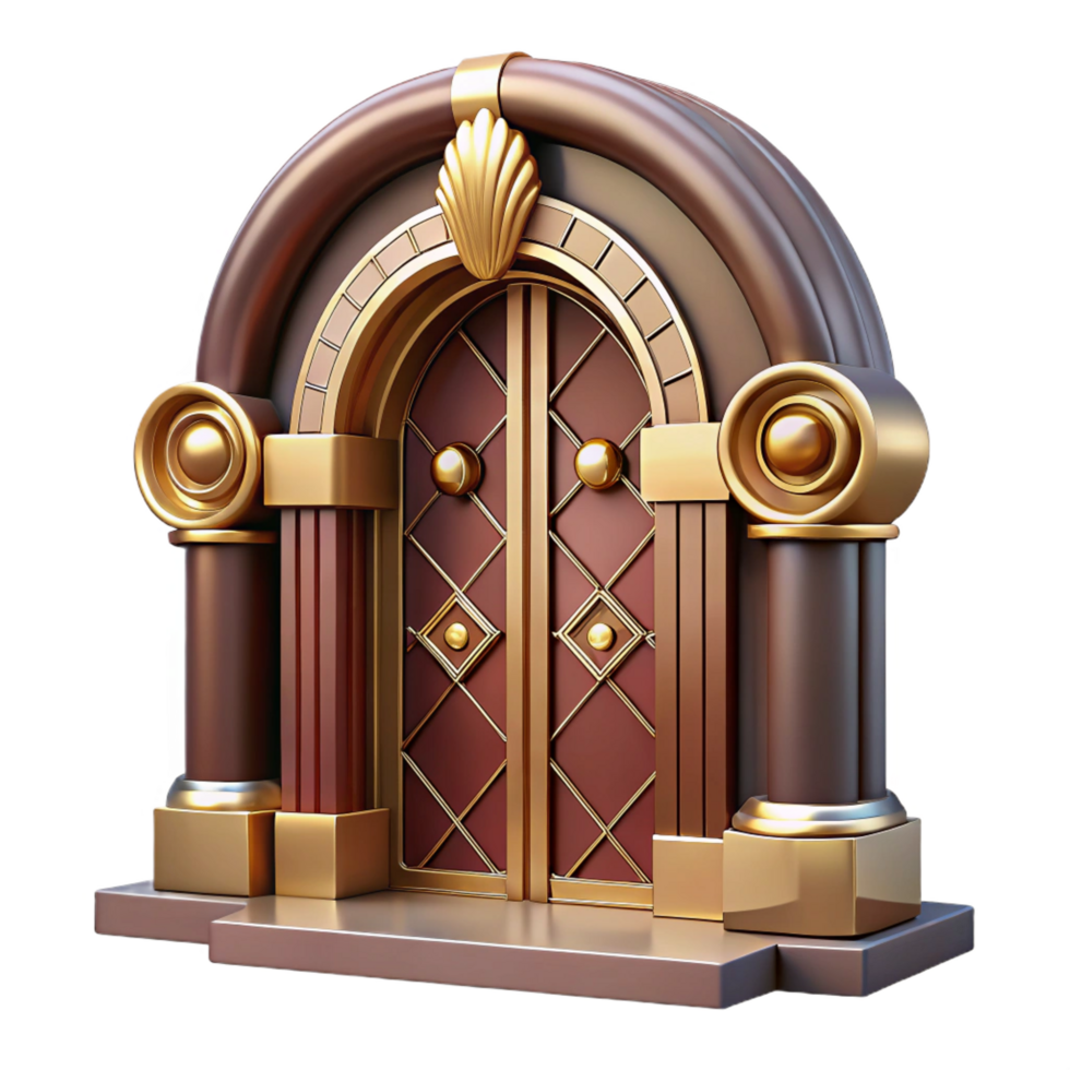 nostalgic striking Art Deco doorway, intricate carvings, polished brass hardware. NO BACKGROUND with Transparent Background. sharp png
