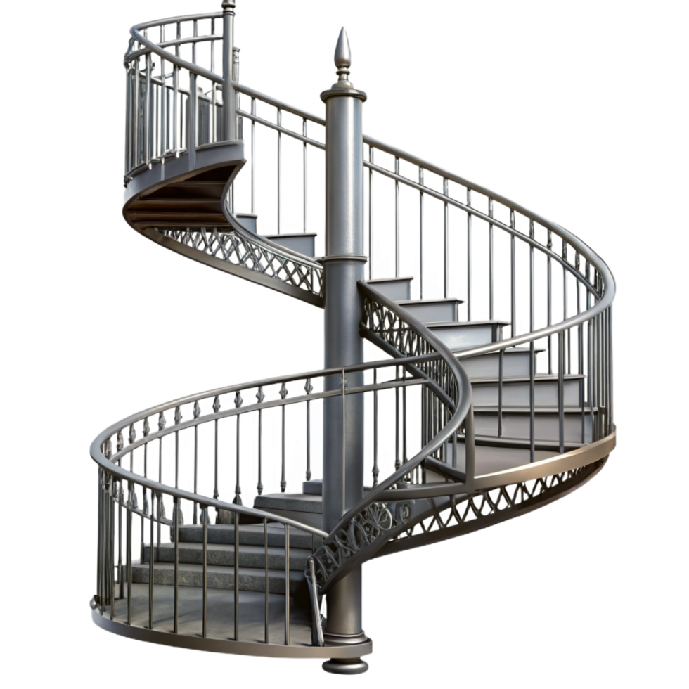 sumptuous memorable Spiral staircase, wrought iron, intricate railing. NO BACKGROUND with Transparent Background. png