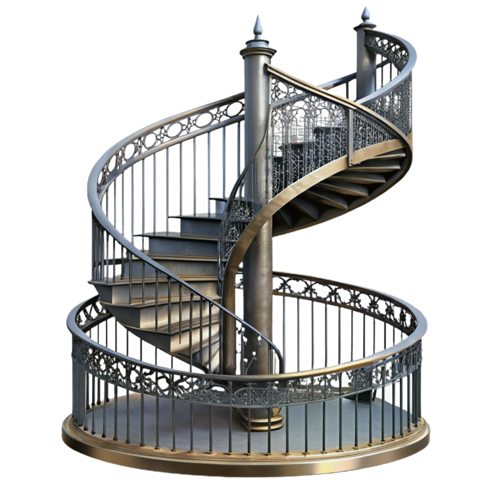 joyful radiant Spiral staircase, wrought iron, intricate railing. NO BACKGROUND with Transparent Background. genuine png