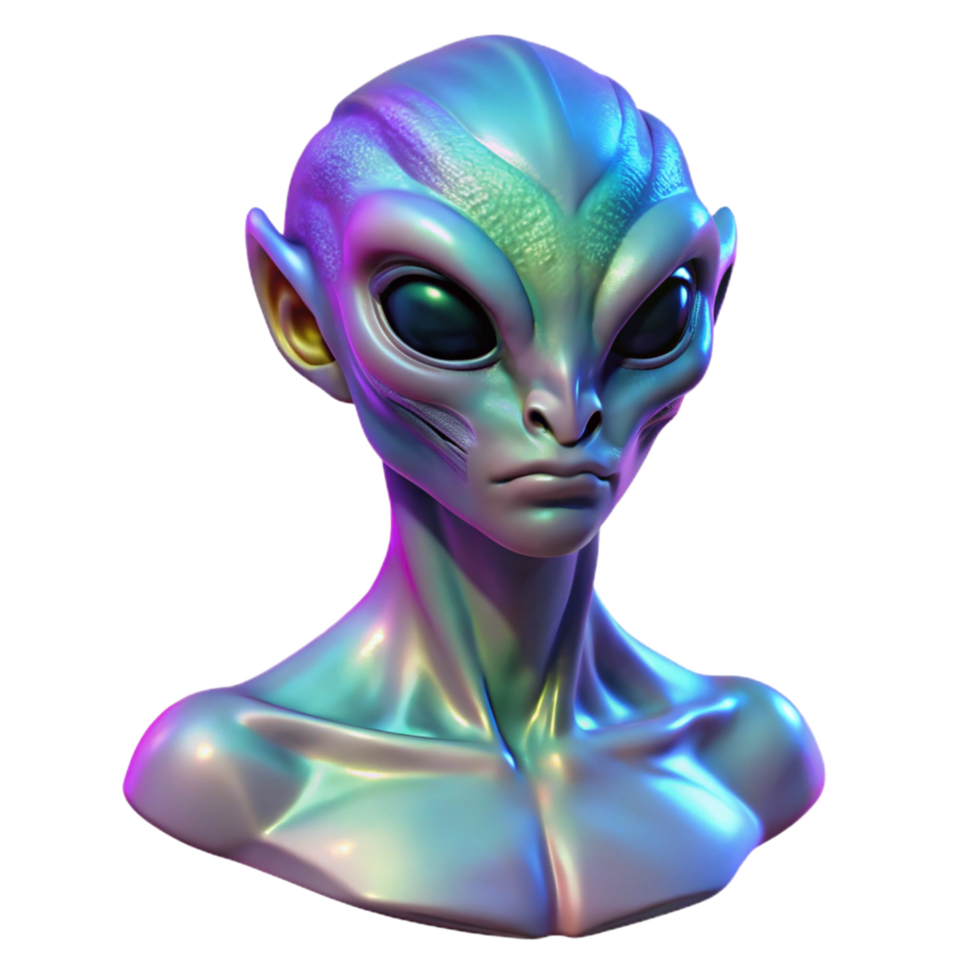 pristine baroque Alien creature bust with iridescent skin, NO BACKGROUND with Transparent Background. artisan png