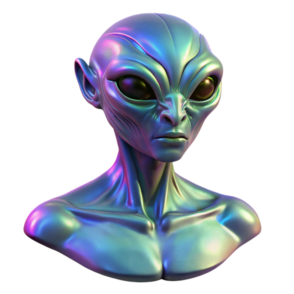 tranquil wonderful Alien creature bust with iridescent skin, NO BACKGROUND with Transparent Background. genuine png
