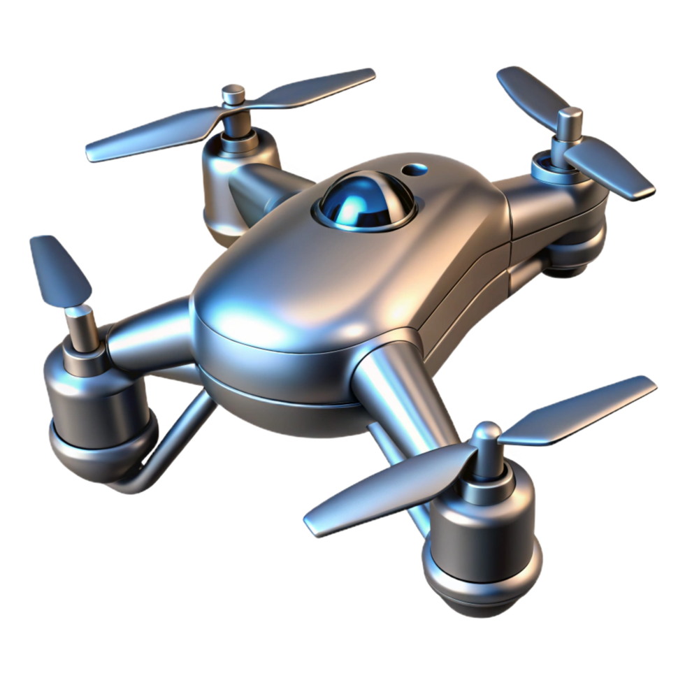 stunning quintessential Sleek metallic drone with rotating blades, NO BACKGROUND with Transparent Background. png