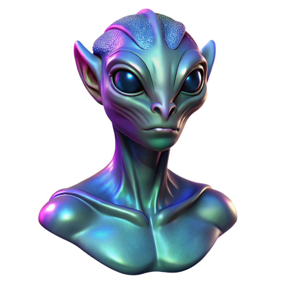 radiant notable Alien creature bust with iridescent skin, NO BACKGROUND with Transparent Background. png