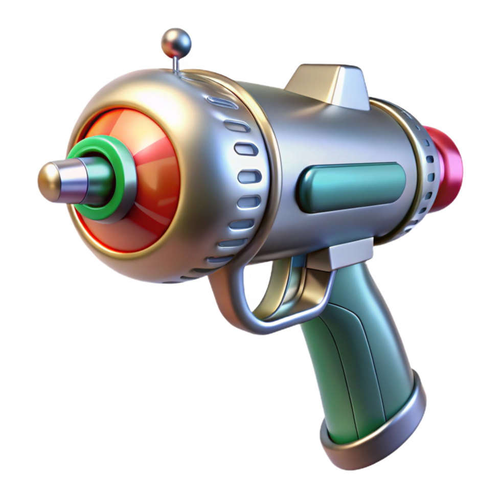 stunning playful impressionist Retro-futuristic ray gun with chrome finish, NO BACKGROUND with Transparent Background. authentic png