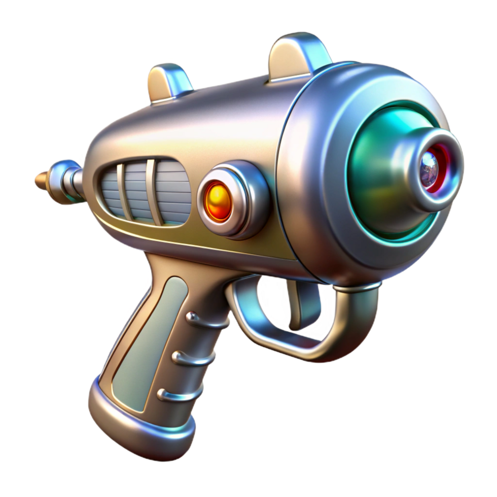 quintessential baroque Retro-futuristic ray gun with chrome finish, NO BACKGROUND with Transparent Background. top-tier png