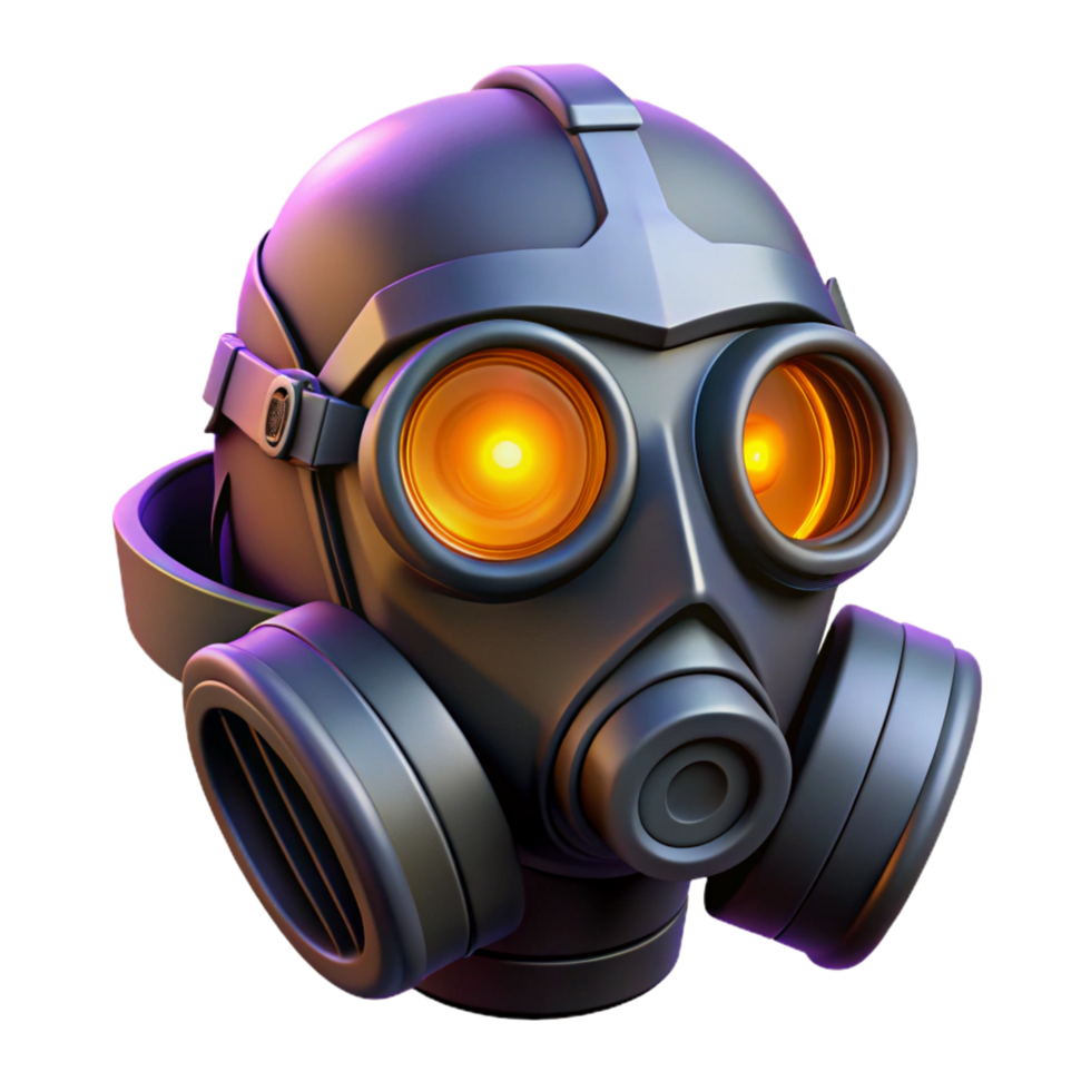 whimsical dramatic Cyberpunk gas mask with glowing filters, NO BACKGROUND with Transparent Background. impeccable png