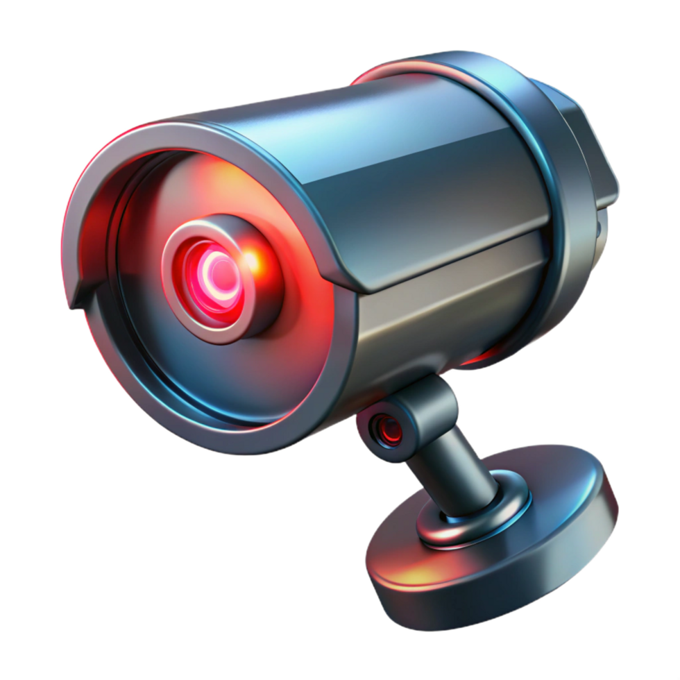 striking remarkable Futuristic security camera with glowing red lens, NO BACKGROUND with Transparent Background. png