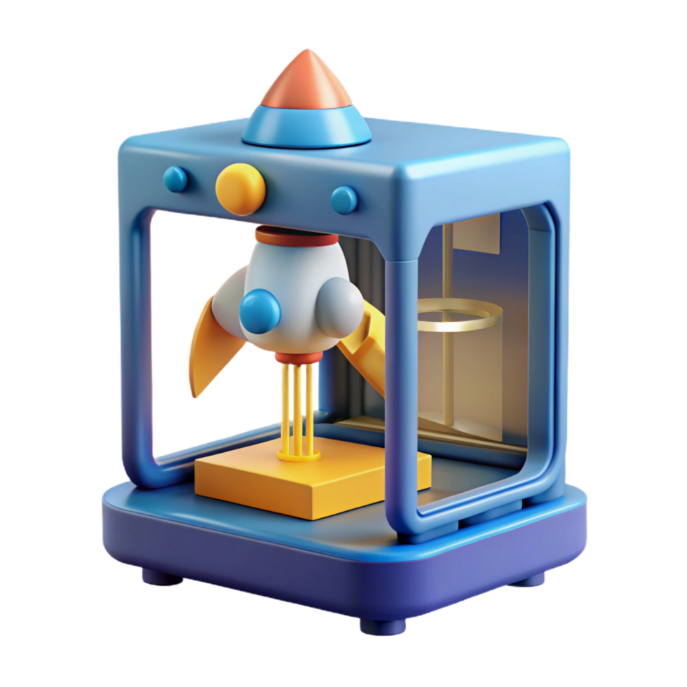 signature urban Advanced 3D printer creating a miniature spaceship, NO BACKGROUND with Transparent Background. elite png