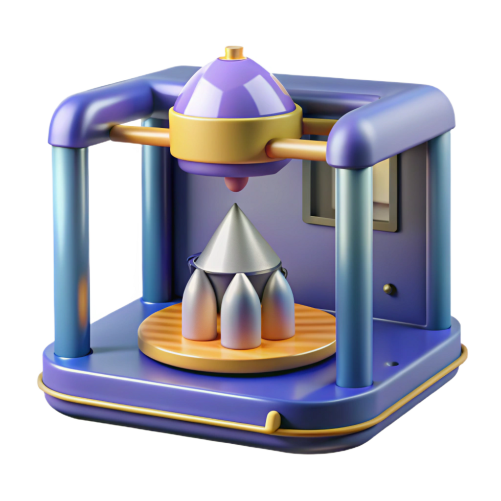 timeless impressionist Advanced 3D printer creating a miniature spaceship, NO BACKGROUND with Transparent Background. refined png
