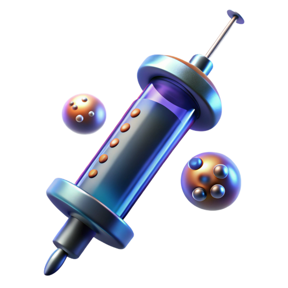 joyful hypnotic Advanced medical syringe with glowing nanobots, NO BACKGROUND with Transparent Background. gallery standard png
