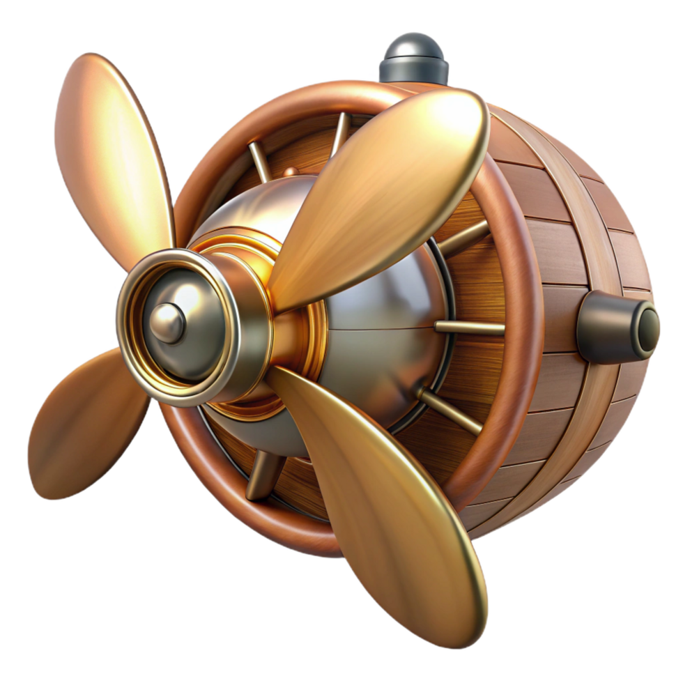 sought-after artistic Steampunk airship propeller made of polished wood and copper. NO BACKGROUND with Transparent Background. flawless png