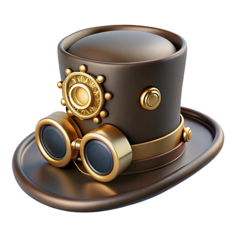 vibrant mid-century Steampunk top hat with brass gears and goggles attached. NO BACKGROUND with Transparent Background. precision png