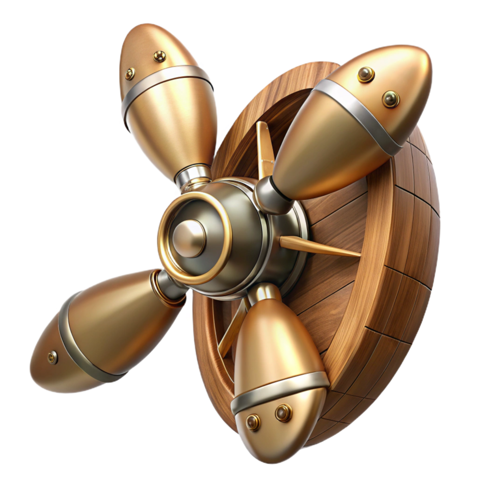 reflective splendid Steampunk airship propeller made of polished wood and copper. NO BACKGROUND with Transparent Background. original png